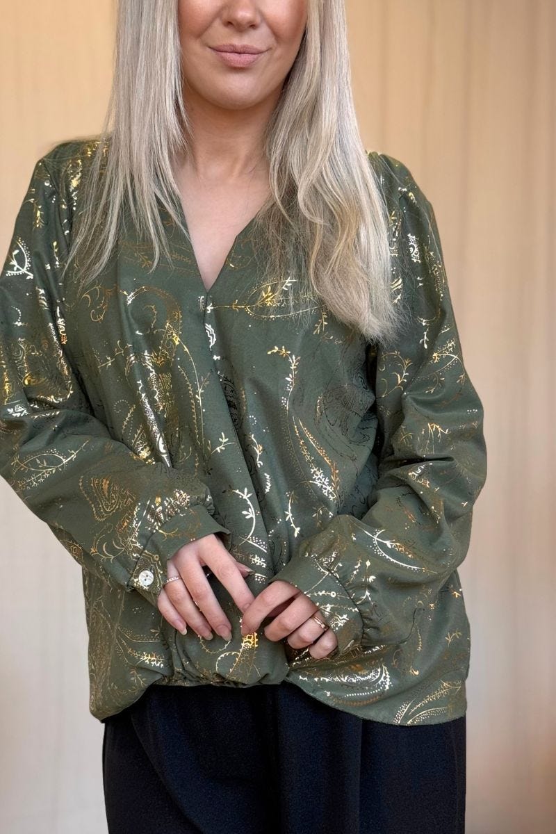 Crossover blus m. paisleymönster i guld Khaki