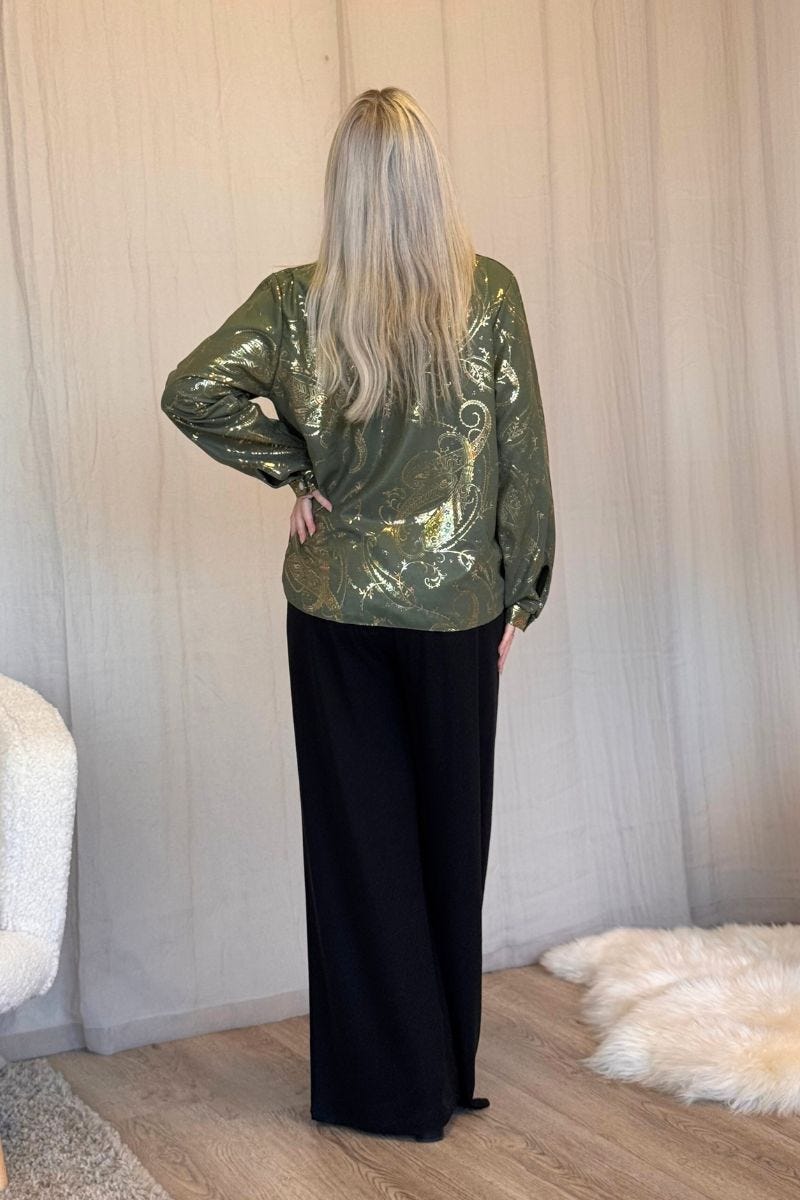 Crossover blus m. paisleymönster i guld Khaki