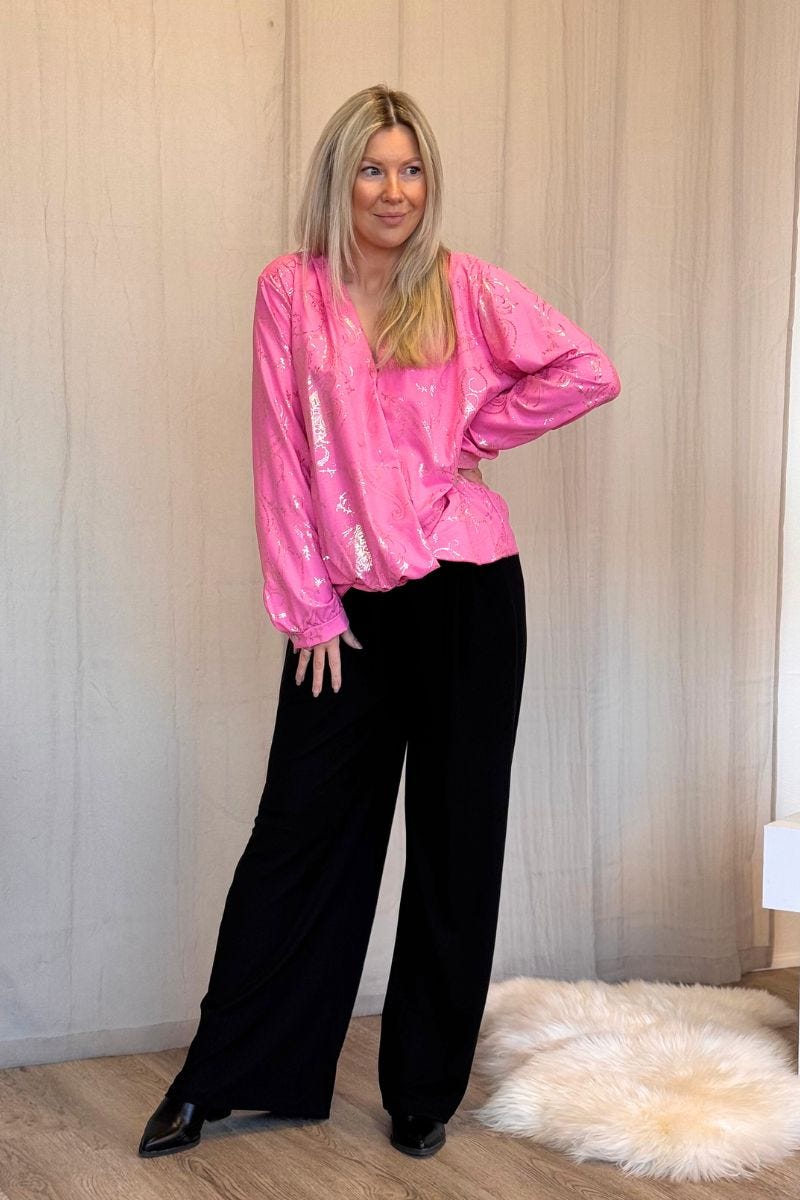 Crossover blus m. paisleymönster i guld Pink