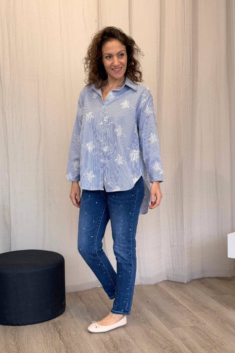 Randig skjorta m. broderie anglaise Skyblue