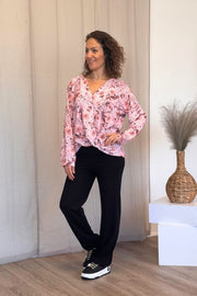 Crossover bluse m. blomster Rosa