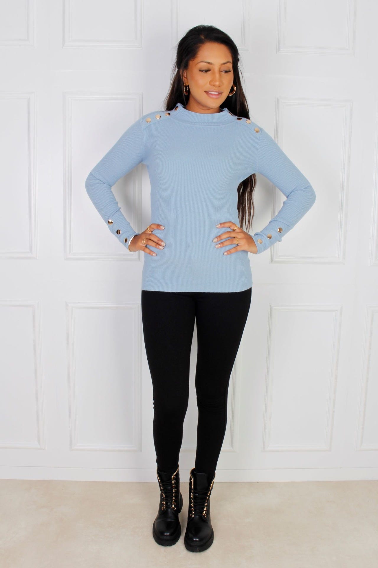 Strik bluse m. knapper, Sky blue