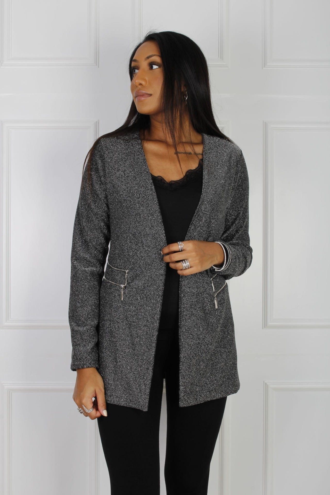 Lång glänsande blazer, Silver