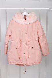 Jakke med faux fur hætte, rosa