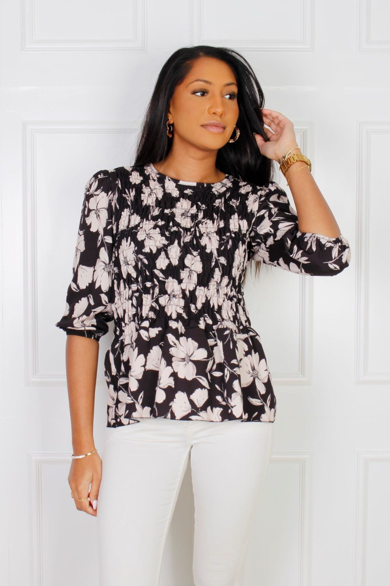 Hailey bluse, sort m. blomsterprint