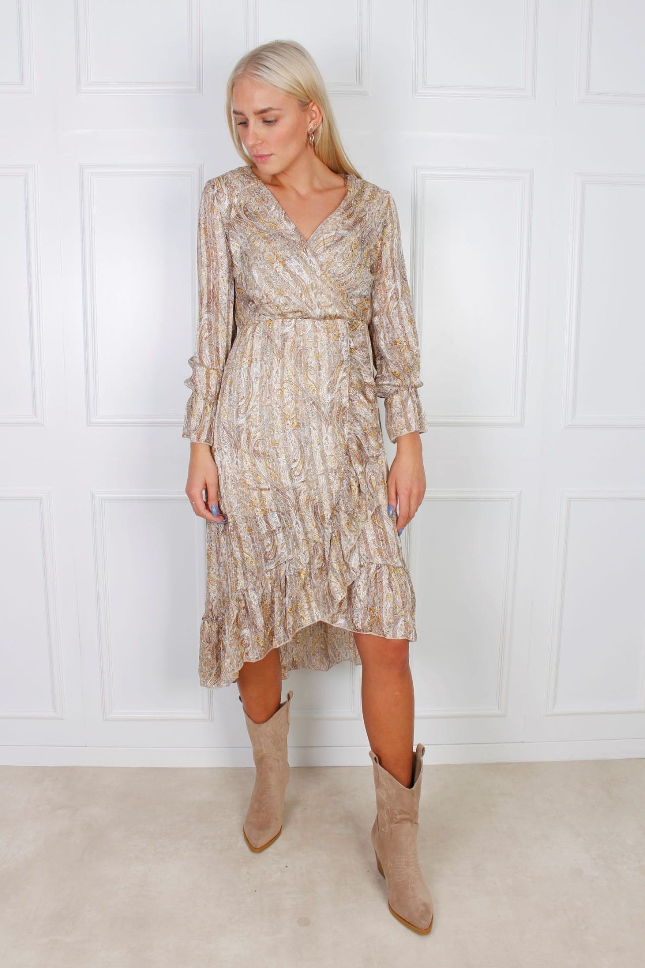 Lång klänning, Beige print 