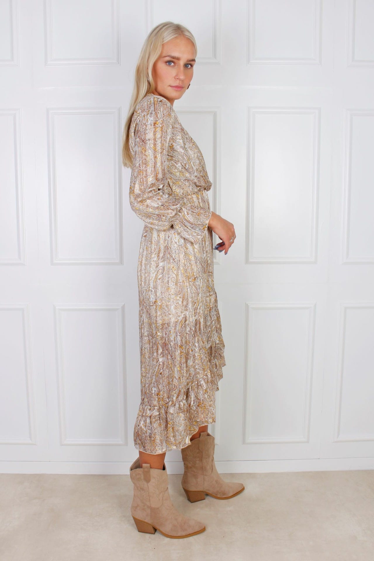 Lång klänning, Beige print 