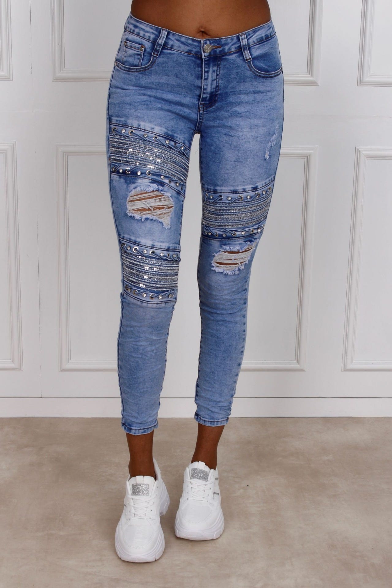 Jeans m. detaljer, Ljus denim