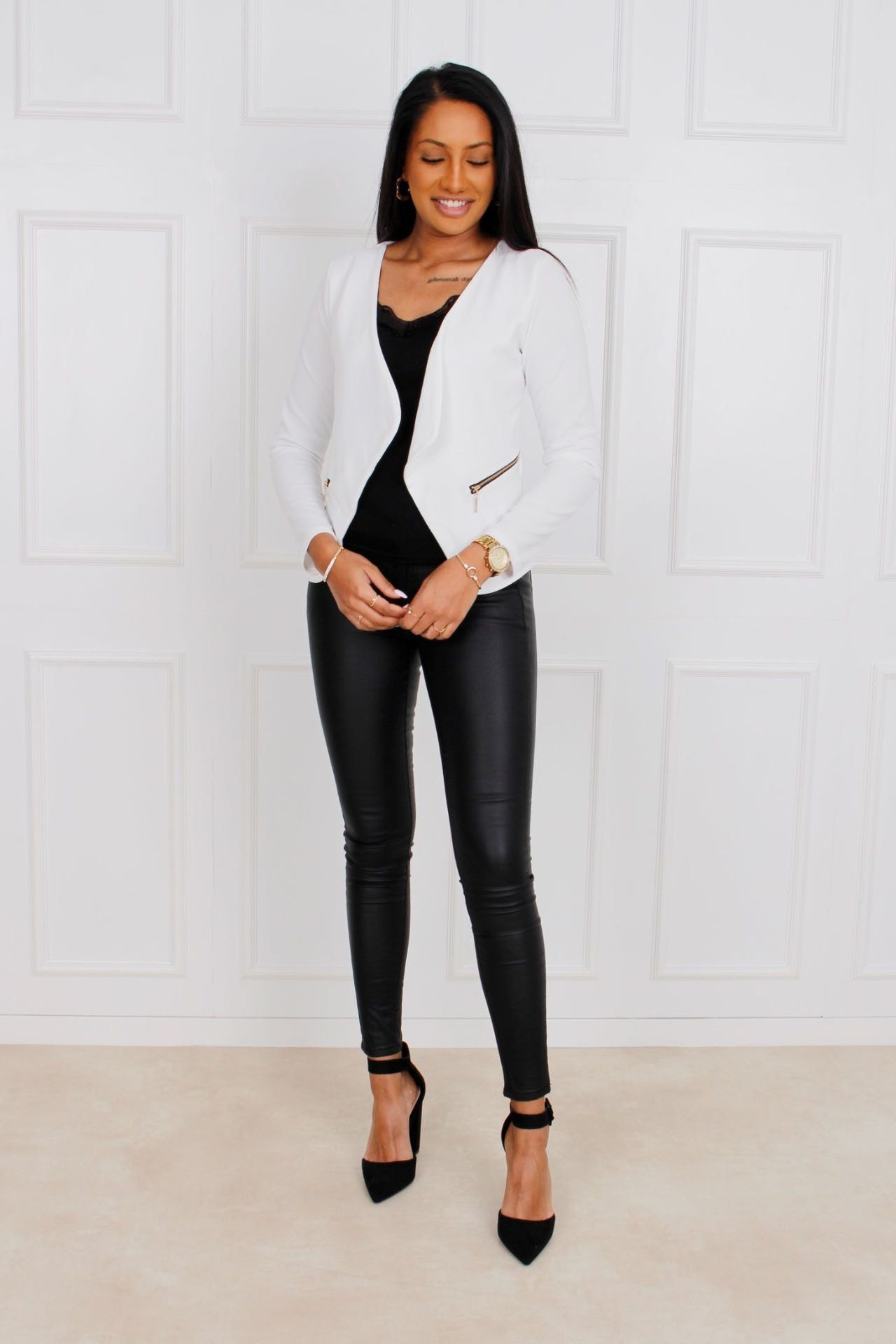 Kort blazer m. dragkedjor, Creme