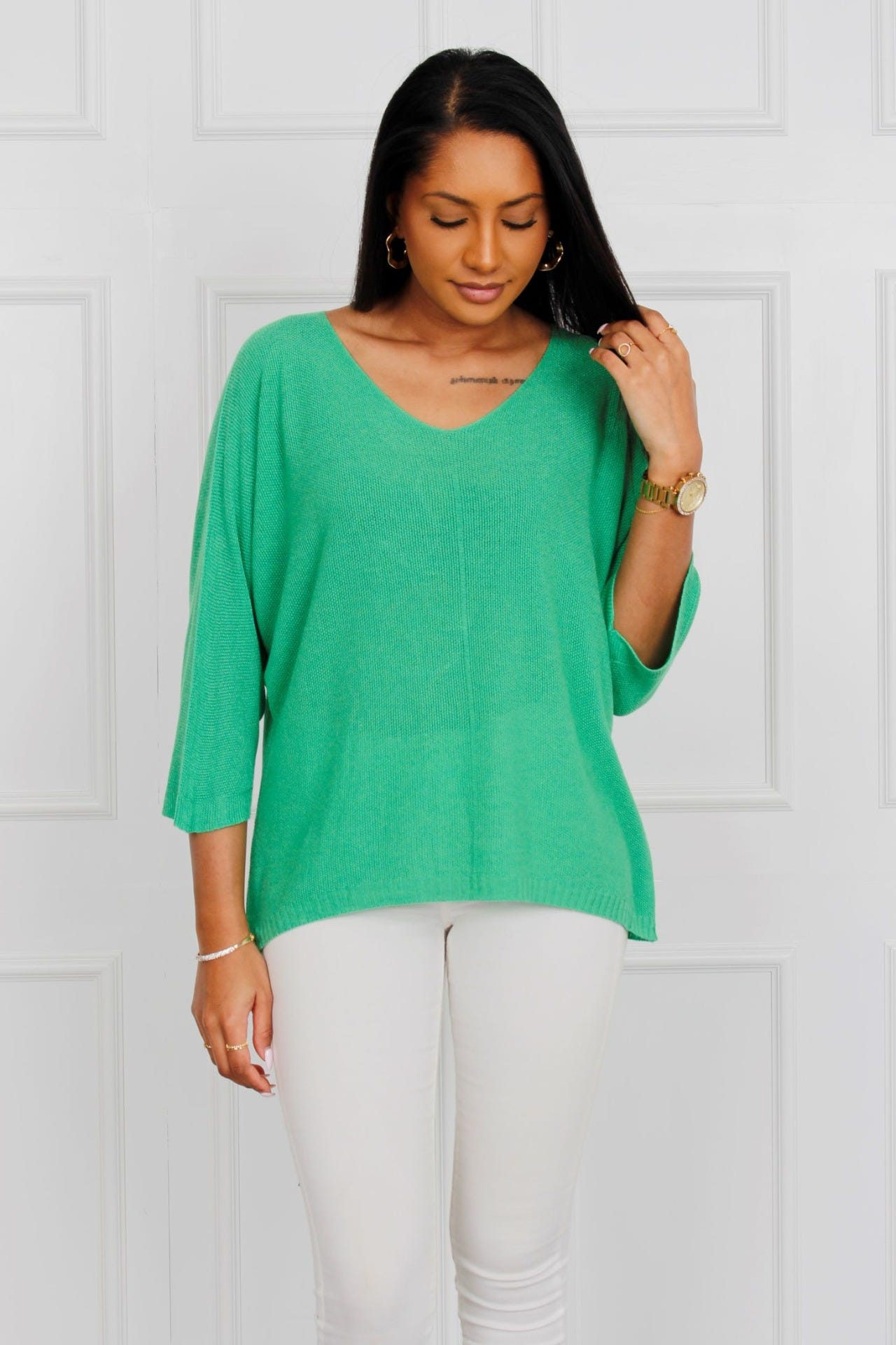 Løs bluse m. batwing ærmer, Grøn
