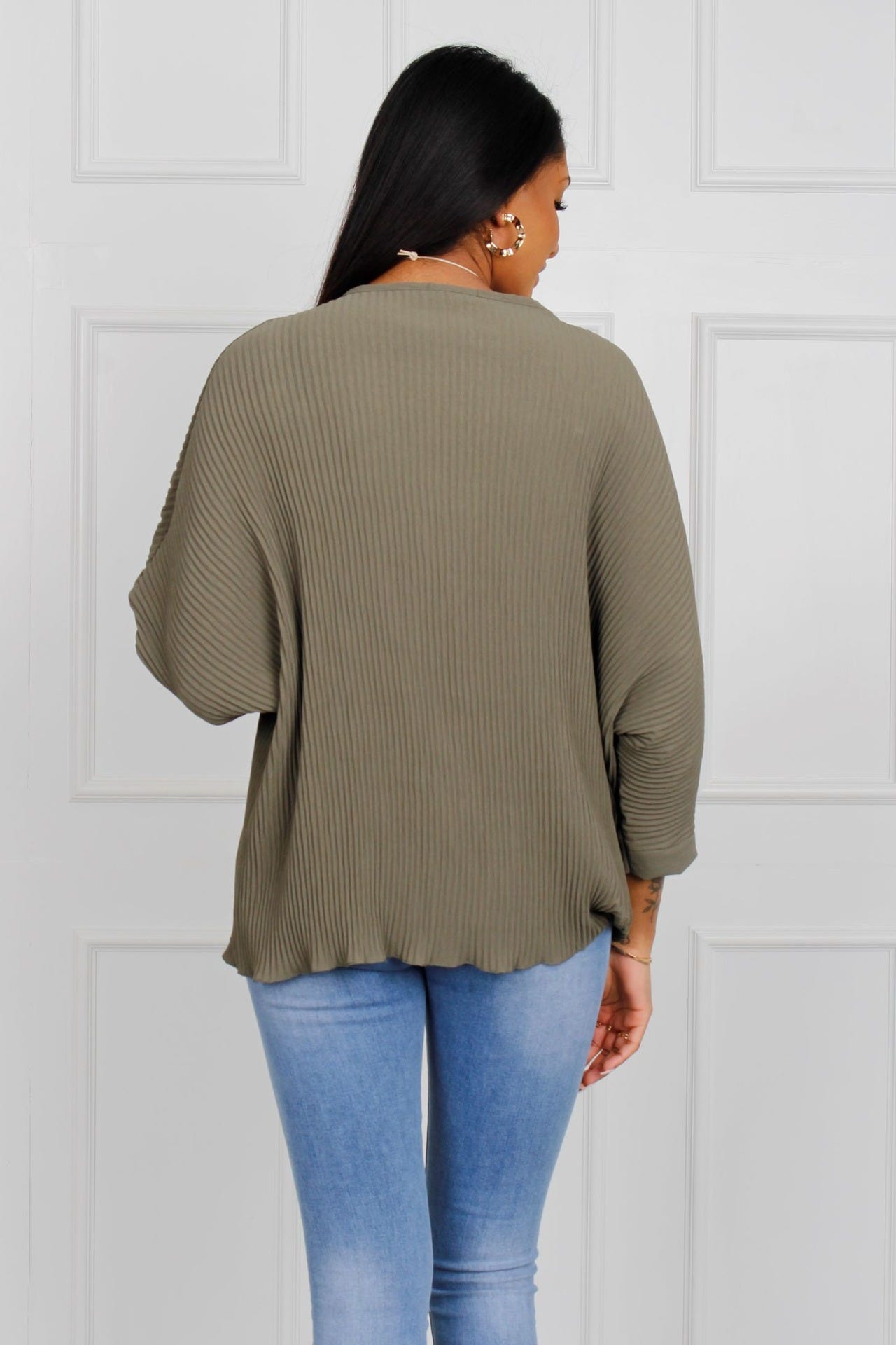 Batwing blus m. plissé, Khaki