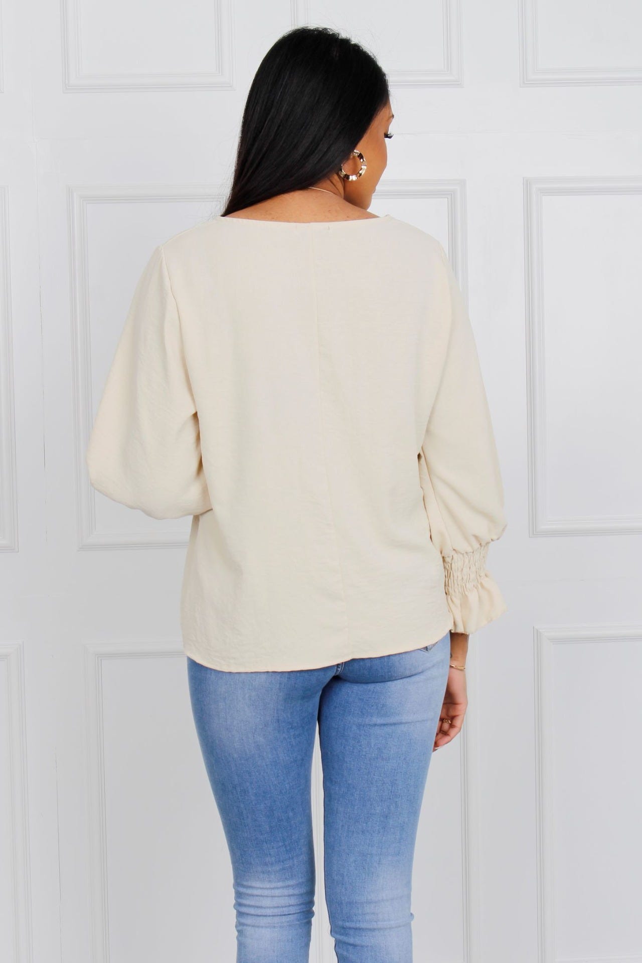 Blus med smock ärmar, Beige