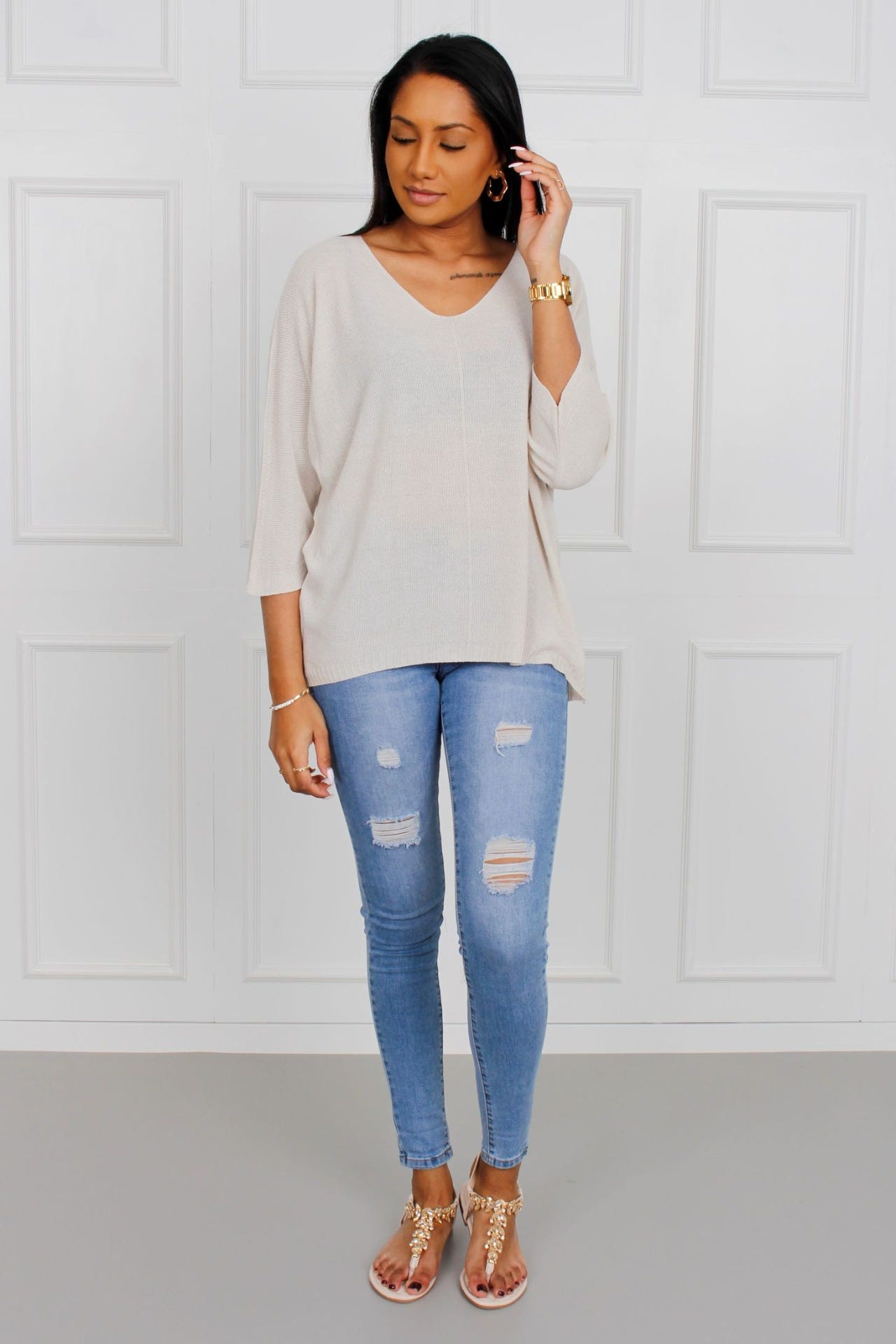 Løs bluse m. batwing ærmer, Beige