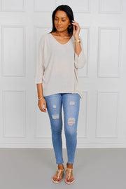 Løs bluse m. batwing ærmer, Beige