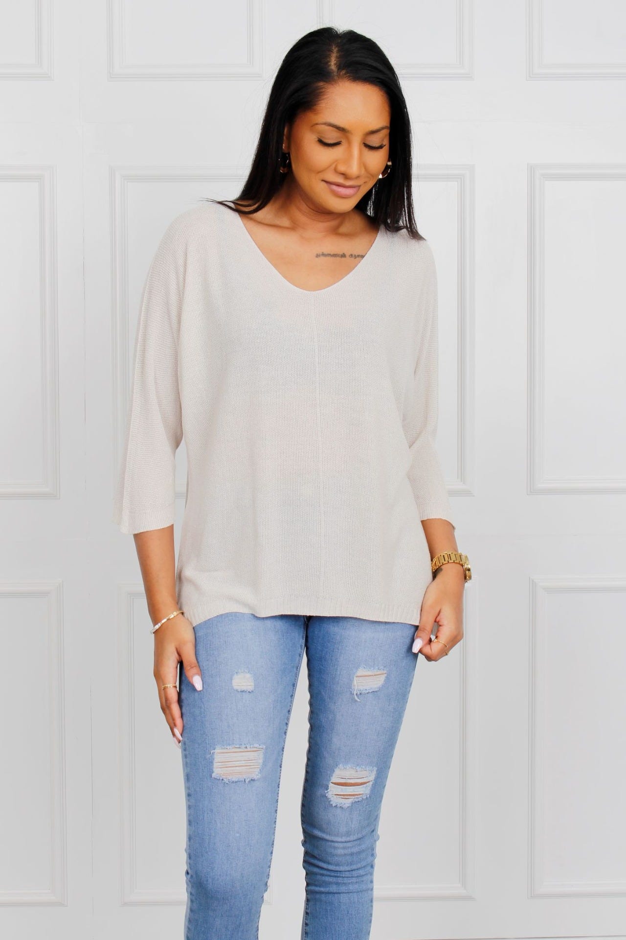 Lös blus m. batwingärm, Beige