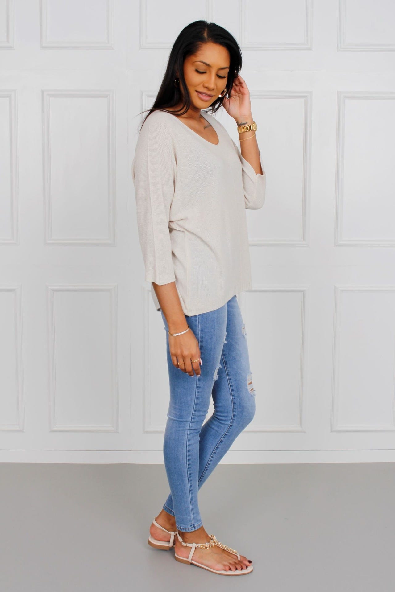 Lös blus m. batwingärm, Beige