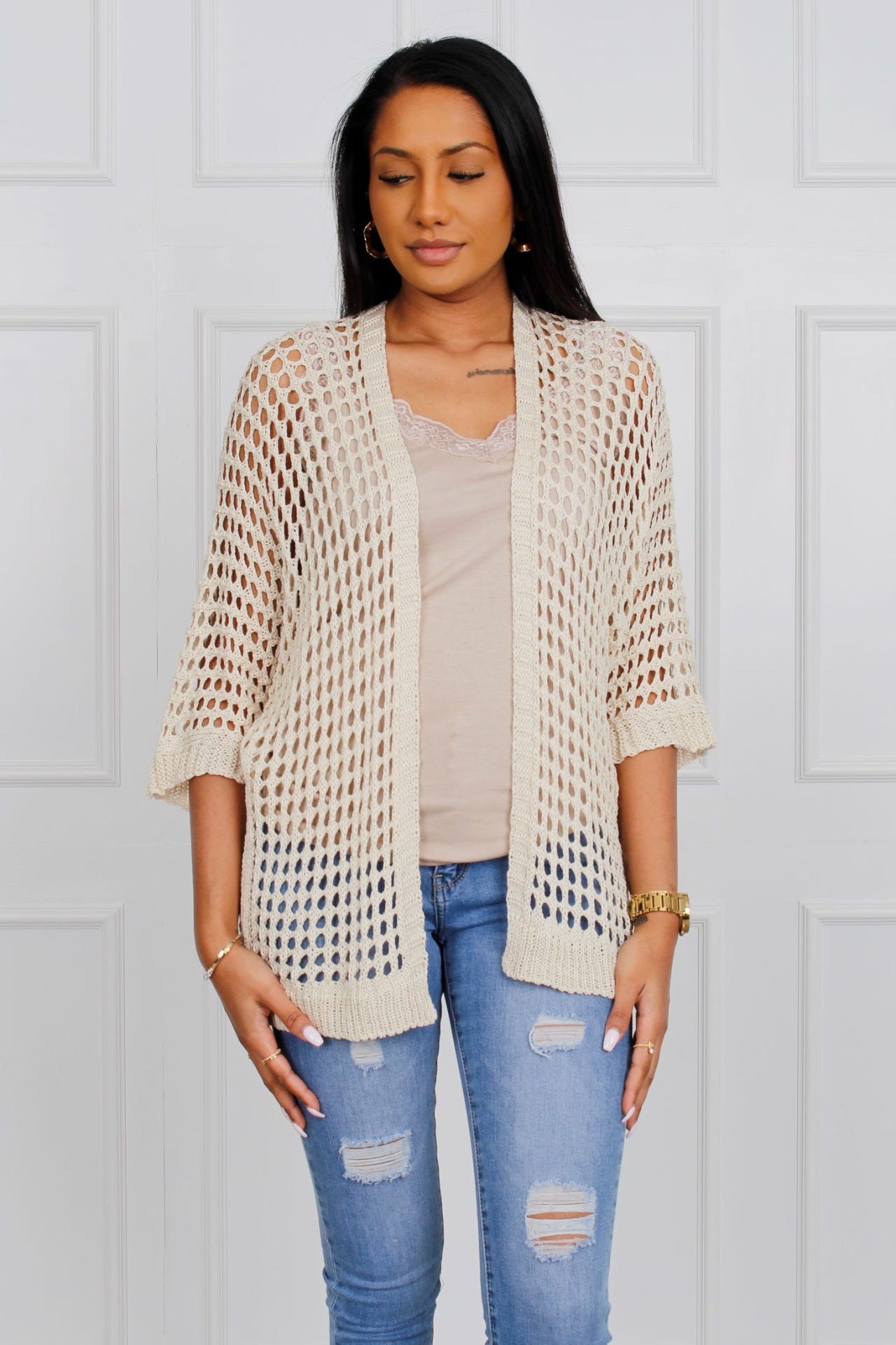 Cardigan m. huller, Beige