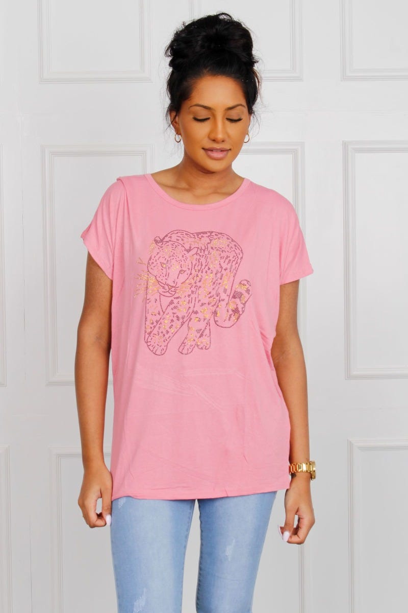 T-shirt m. leopardmotiv, Rosa