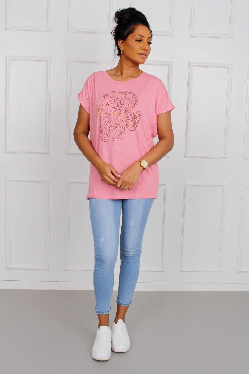 T-shirt m. leopardmotiv, Rosa