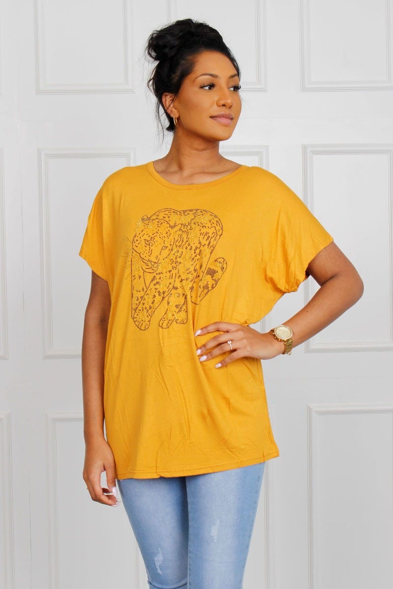 T-shirt m. leopardmotiv, Gul