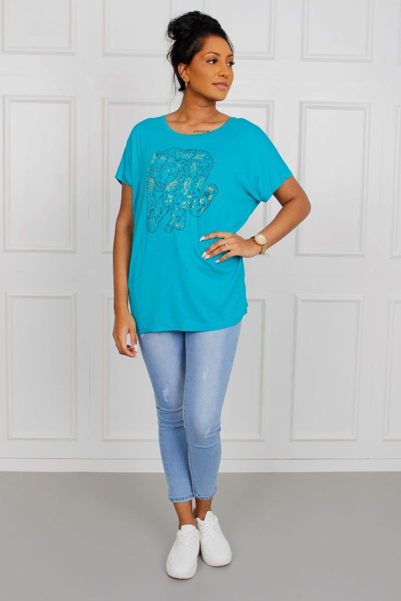 T-shirt m. leopardmotiv, Aqua