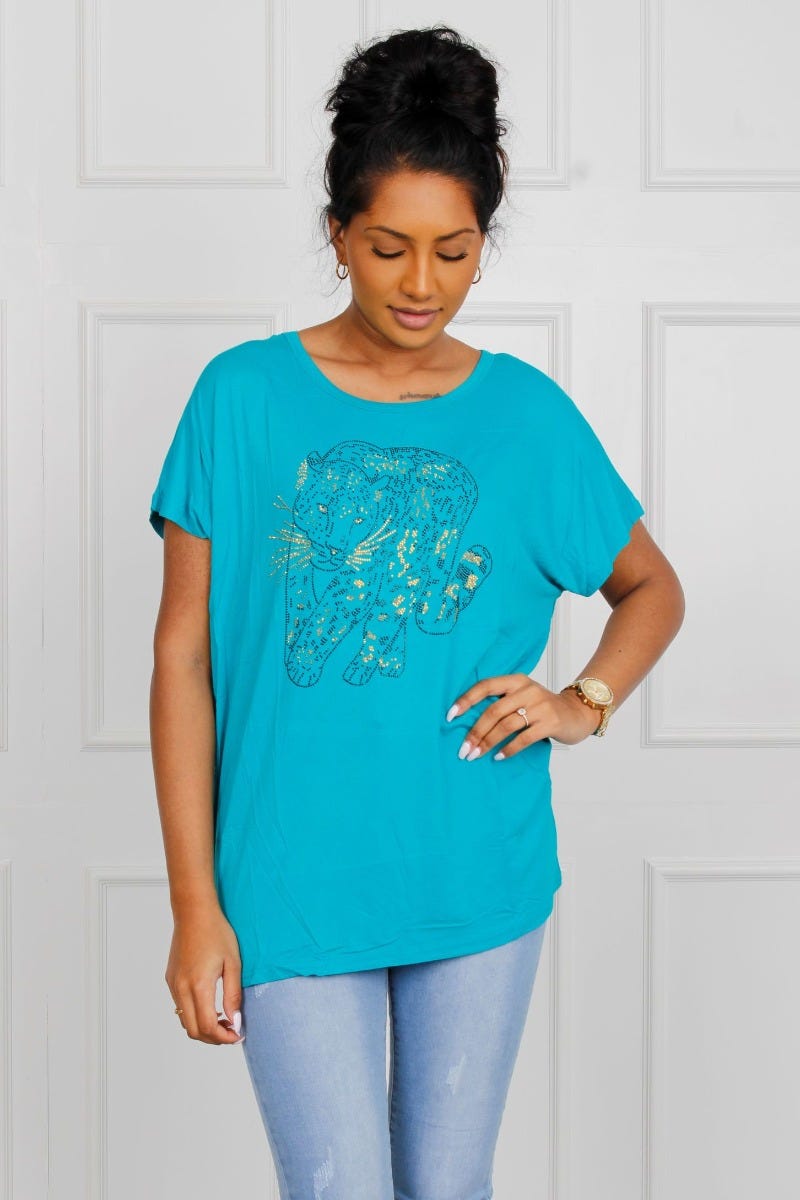 T-shirt m. leopardmotiv, Aqua