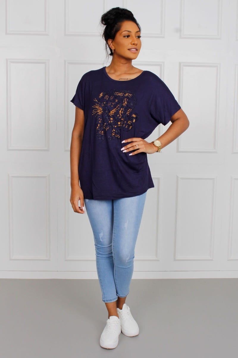 T-shirt m. leopardmotiv, Navy