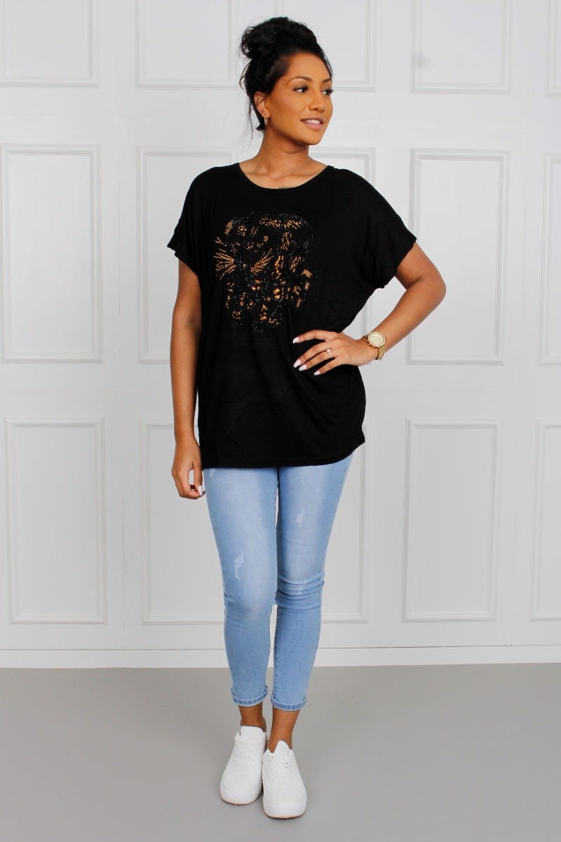 T-shirt m. leopardmotiv, Svart