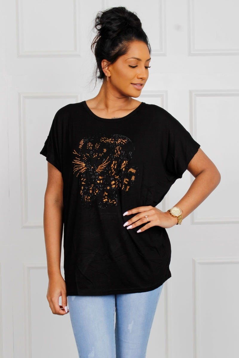 T-shirt m. leopardmotiv, Svart