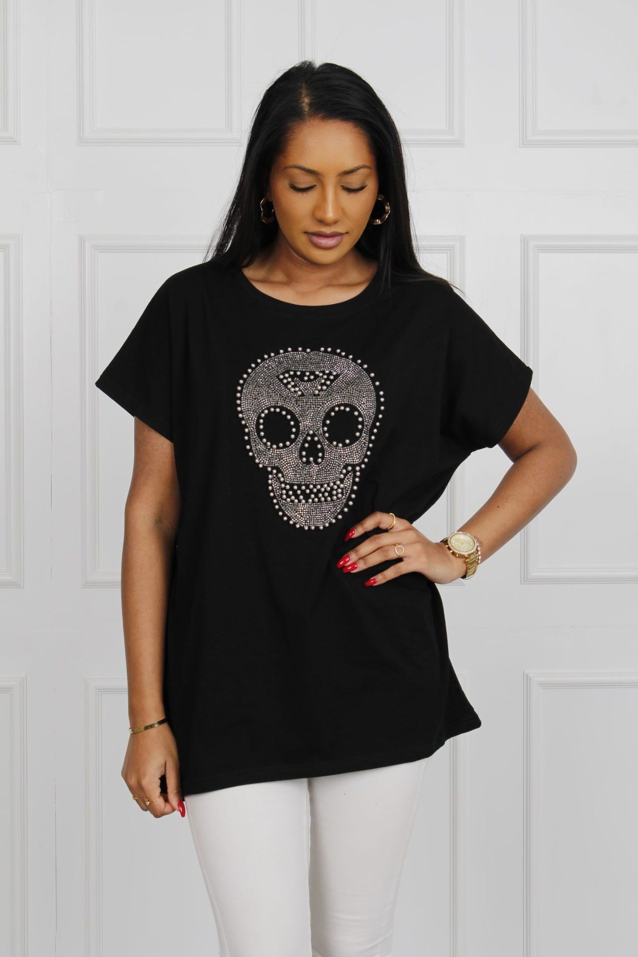 Skull t-shirt med sten og perler, sort