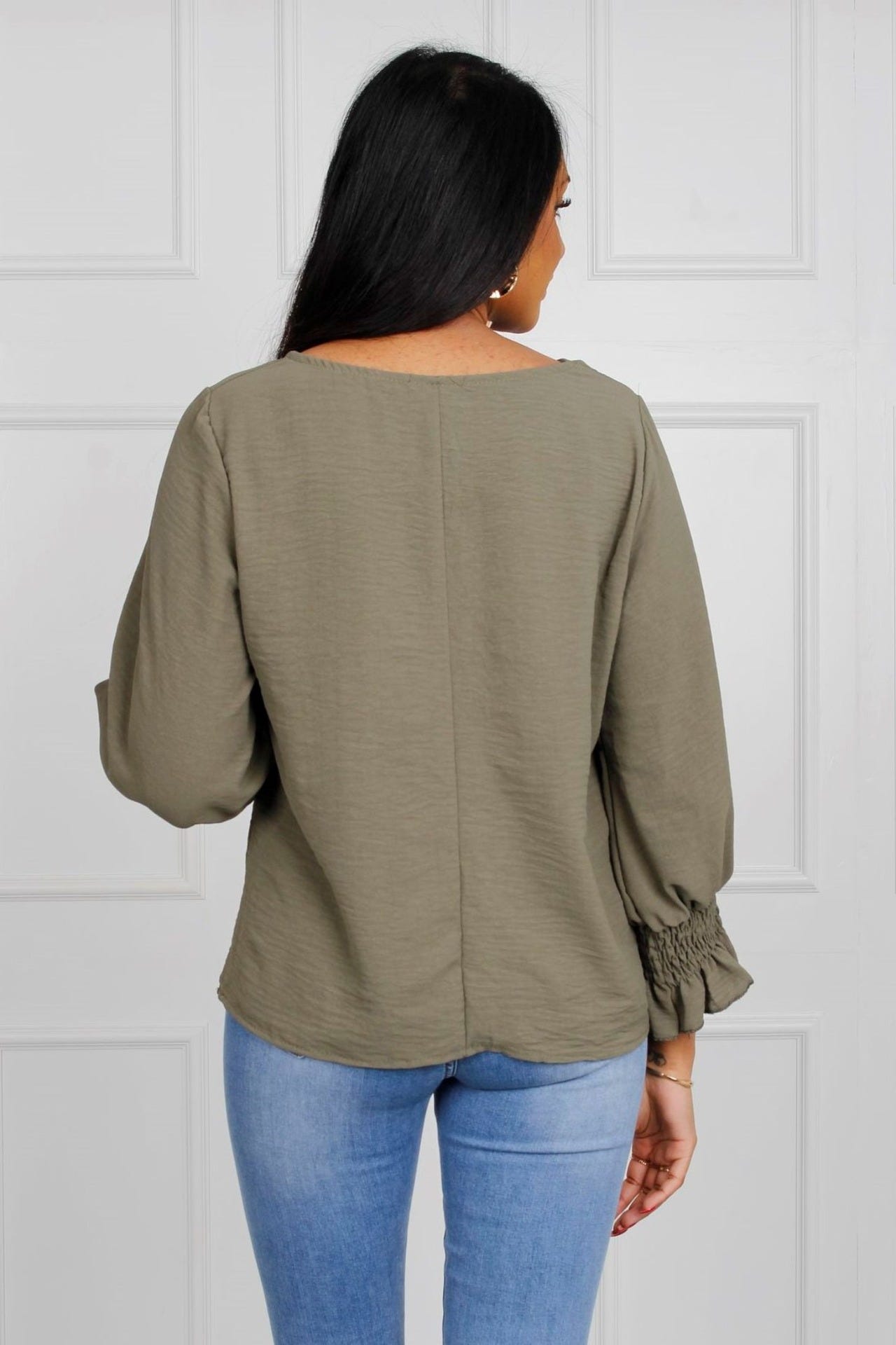 Blus med smock ärmar, Khaki