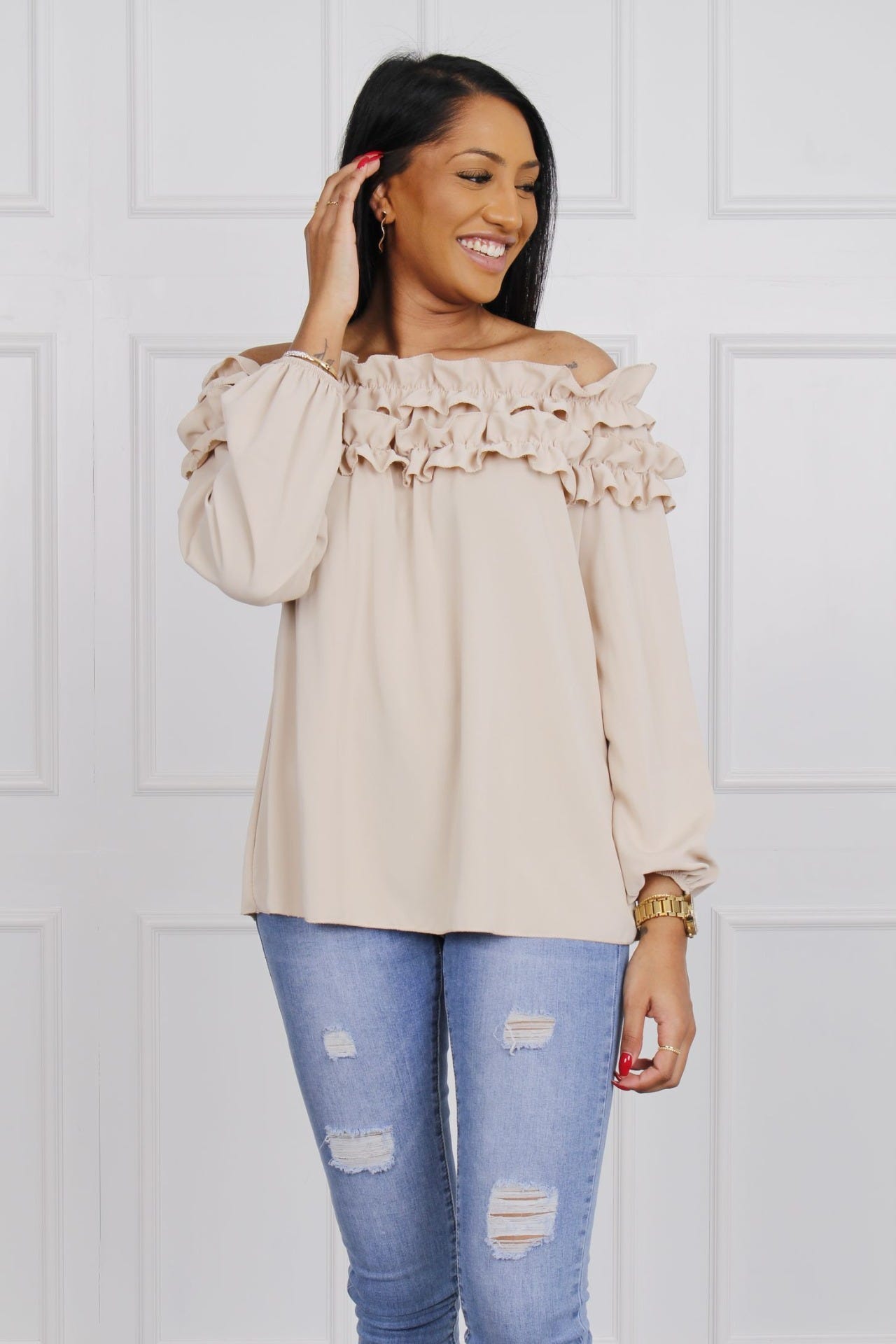 Blus m. volangkant, Beige