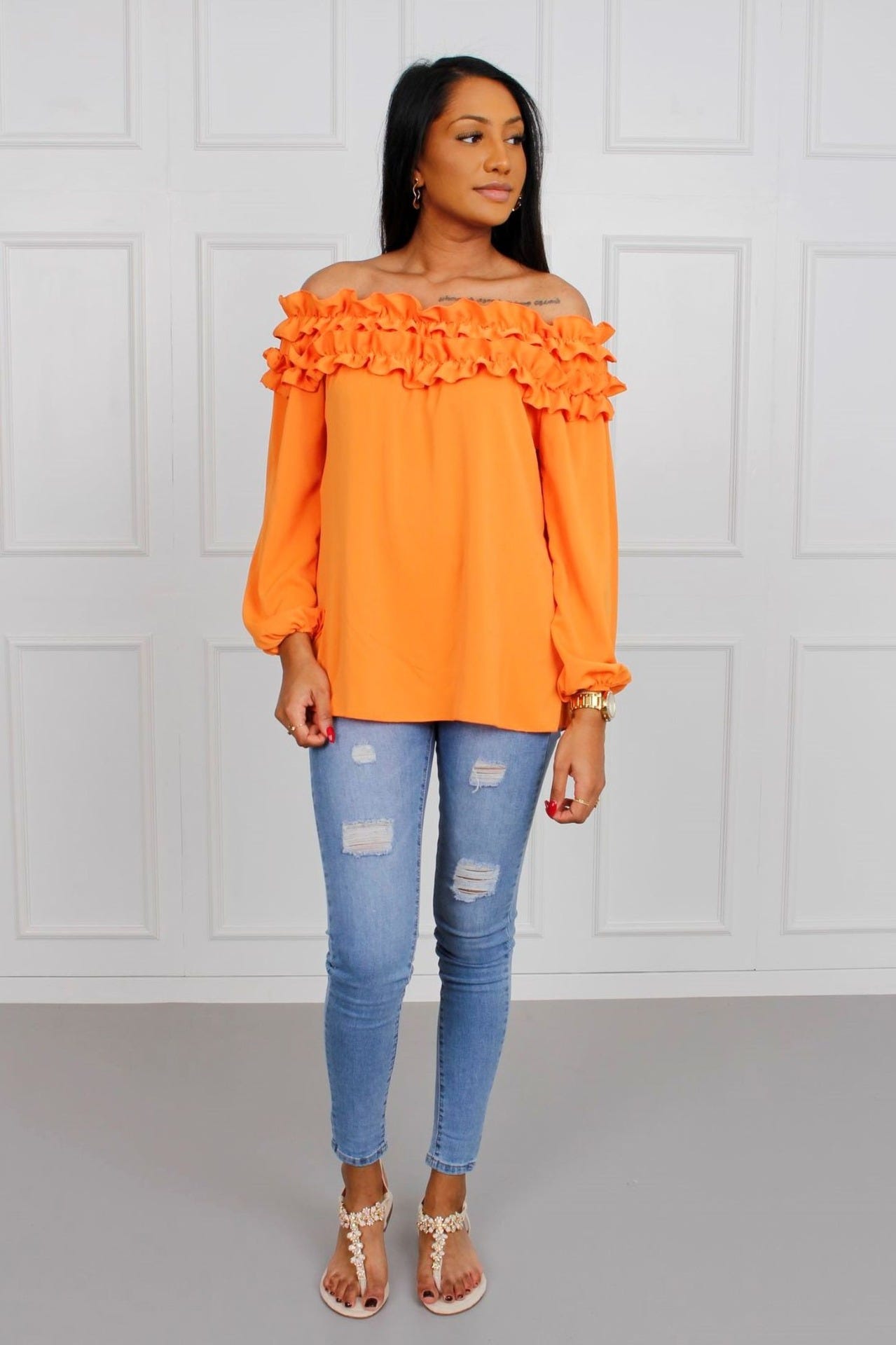 Bluse m. flæsekant, orange