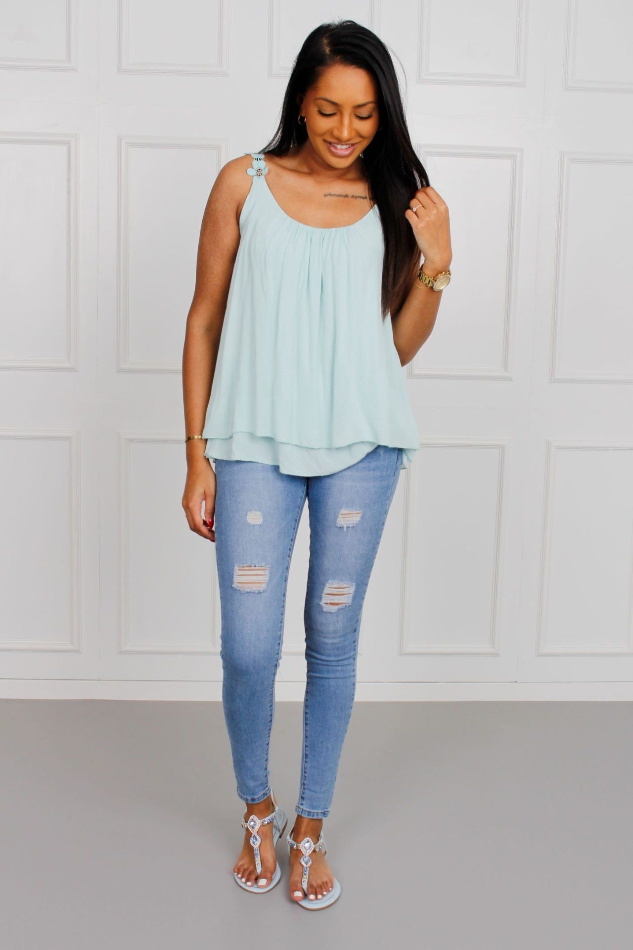 Line top m. blommiga axelband, Mint