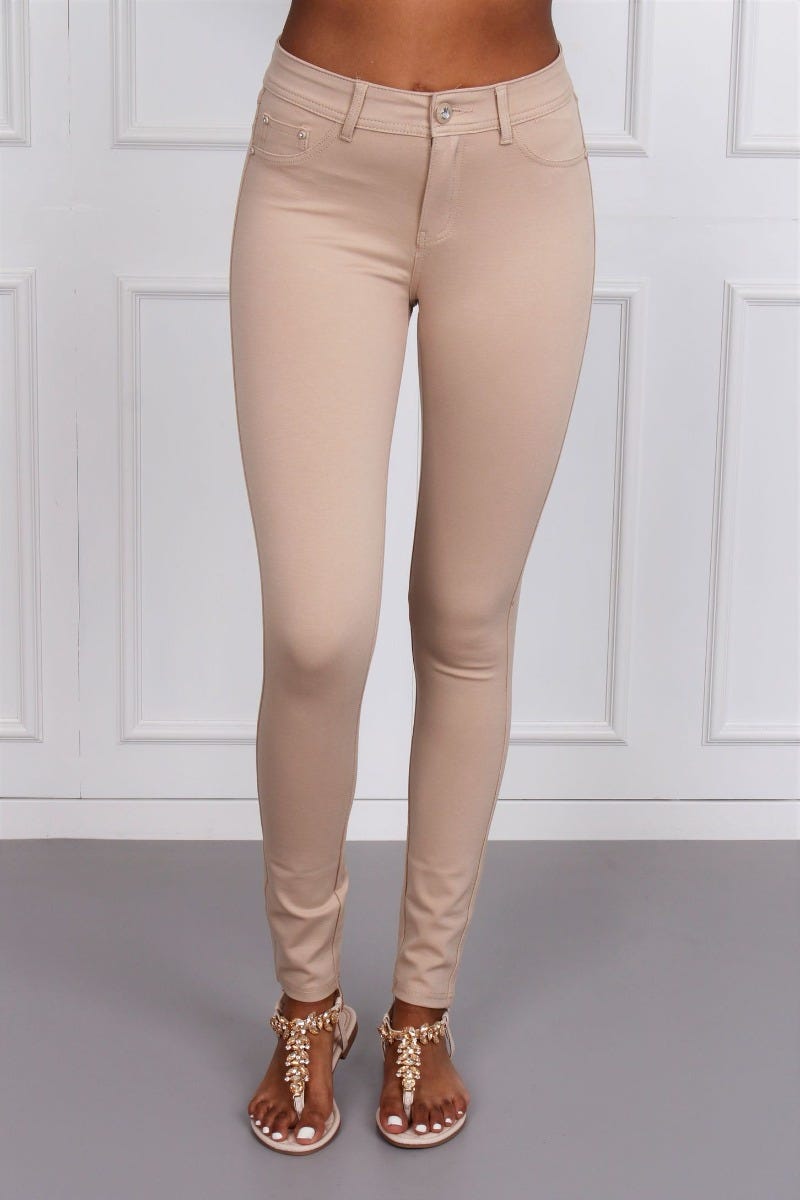 Slimfit m. glitterknapp, Beige