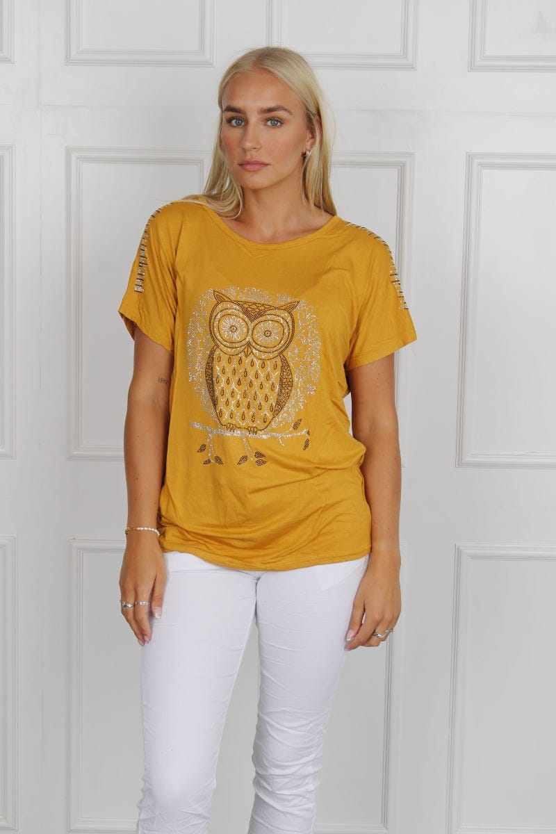 T-shirt m. ugle motiv, mustard