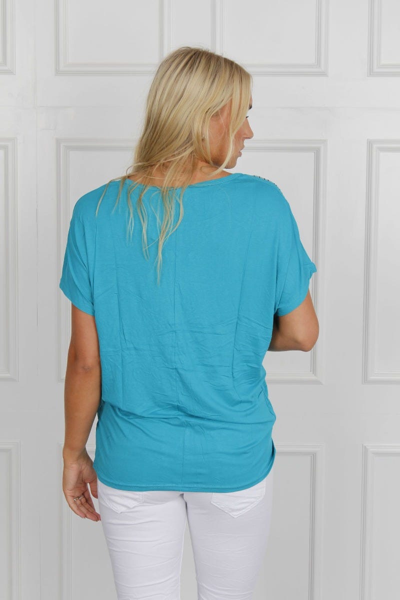 T-shirt m. ugle motiv, aqua