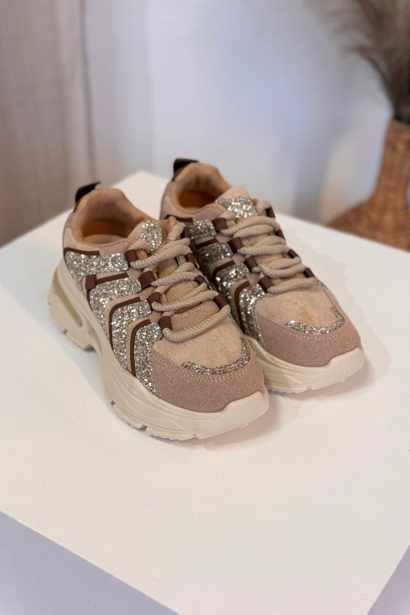 Sneakers m. glitterdetaljer Beige