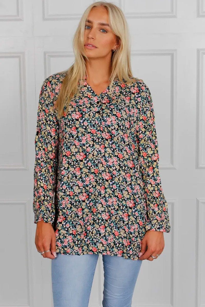 Skjorta m. blommigt print, Navy/Korall