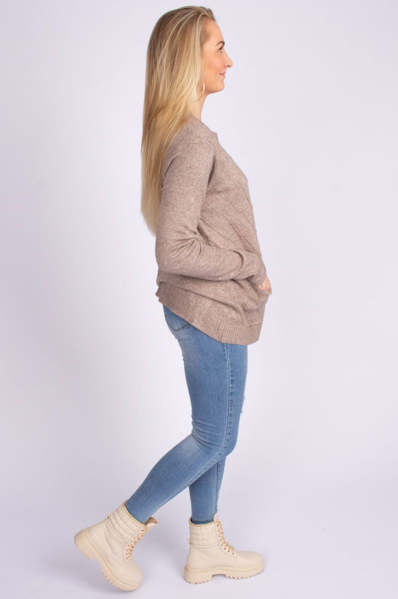 Stickad cardigan m. fickor, Beige