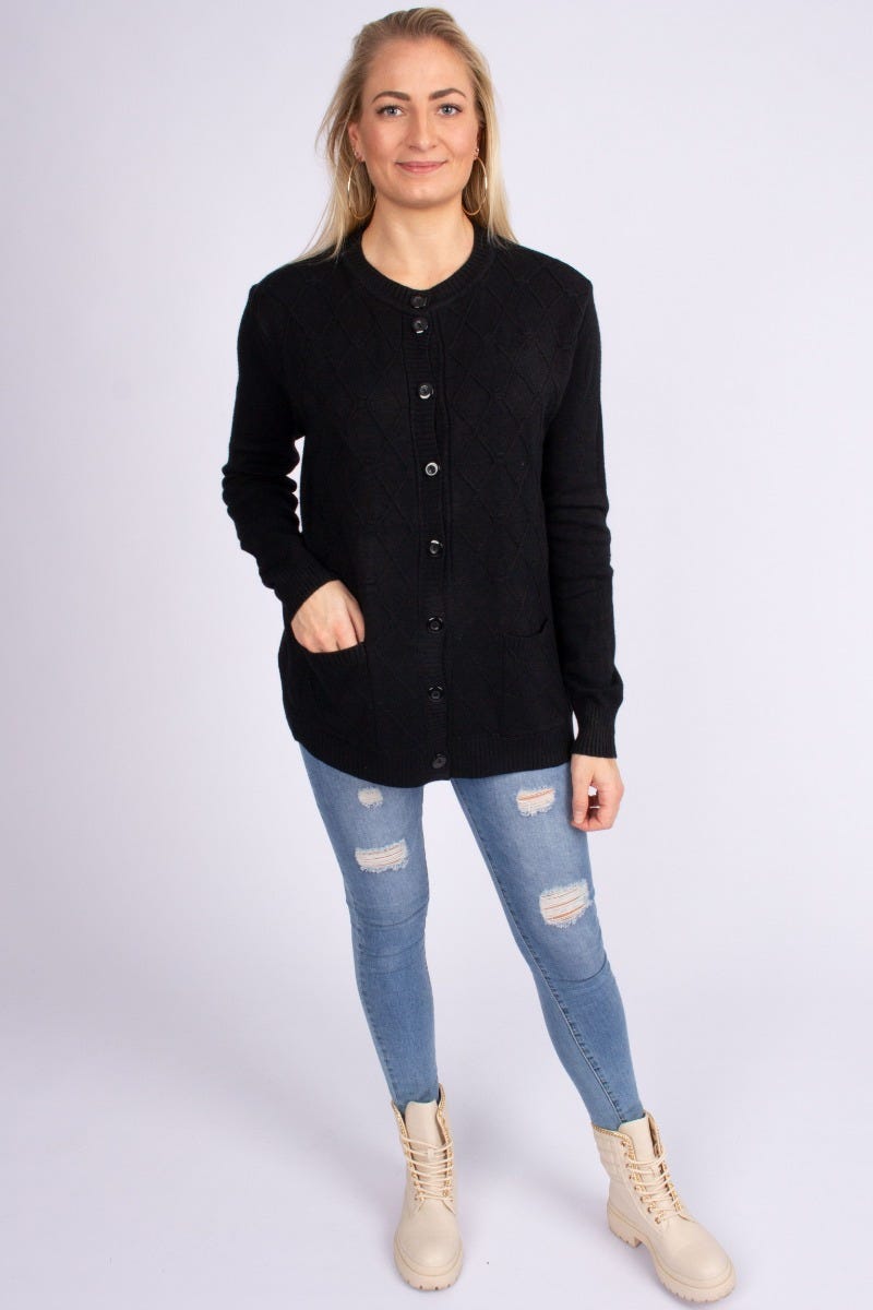 Stickad cardigan m. fickor, Svart