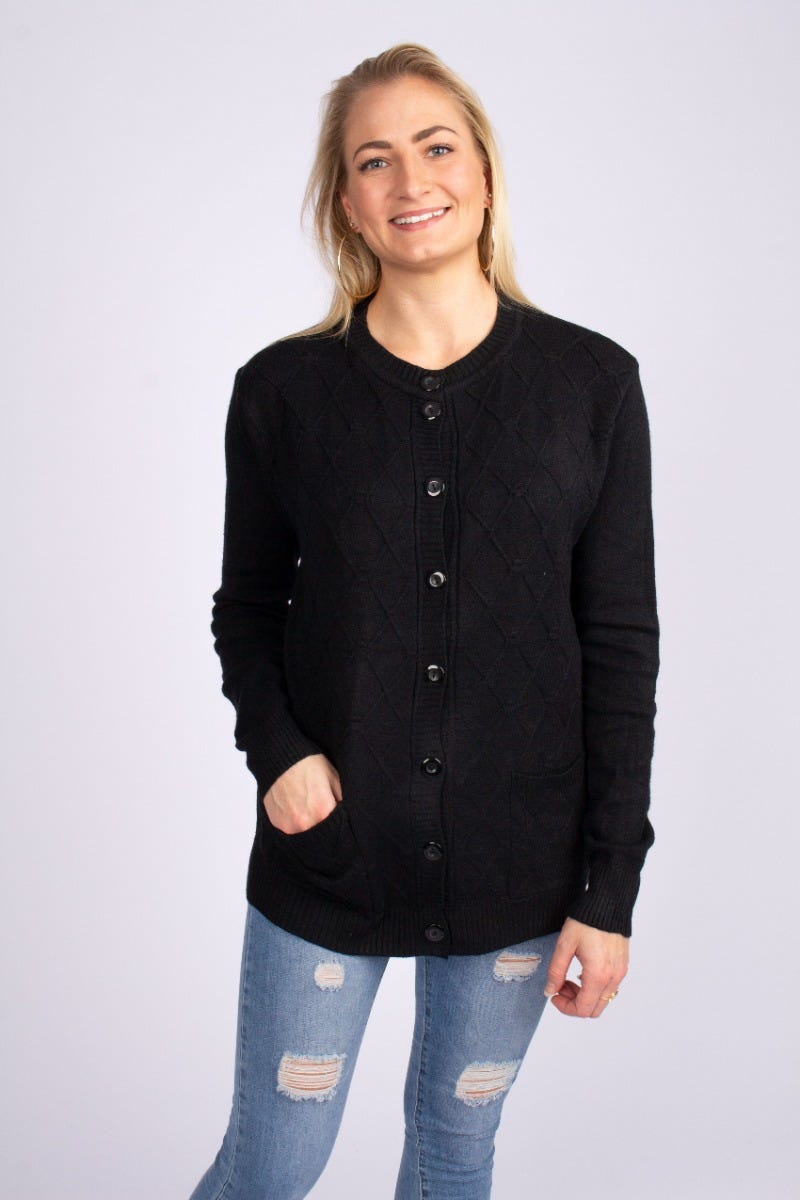 Stickad cardigan m. fickor, Svart