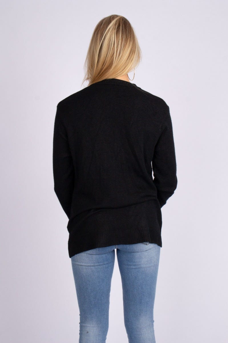 Stickad cardigan m. fickor, Svart