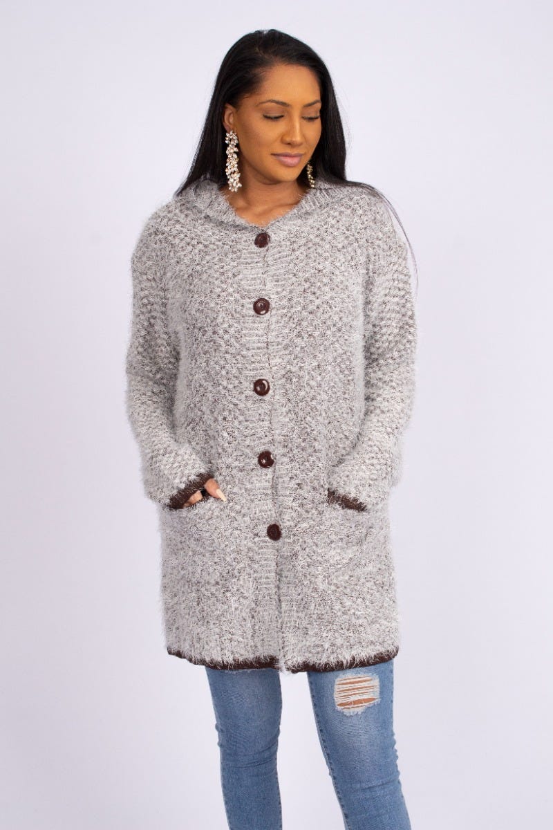 Stickad cardigan m. luva, Brun 