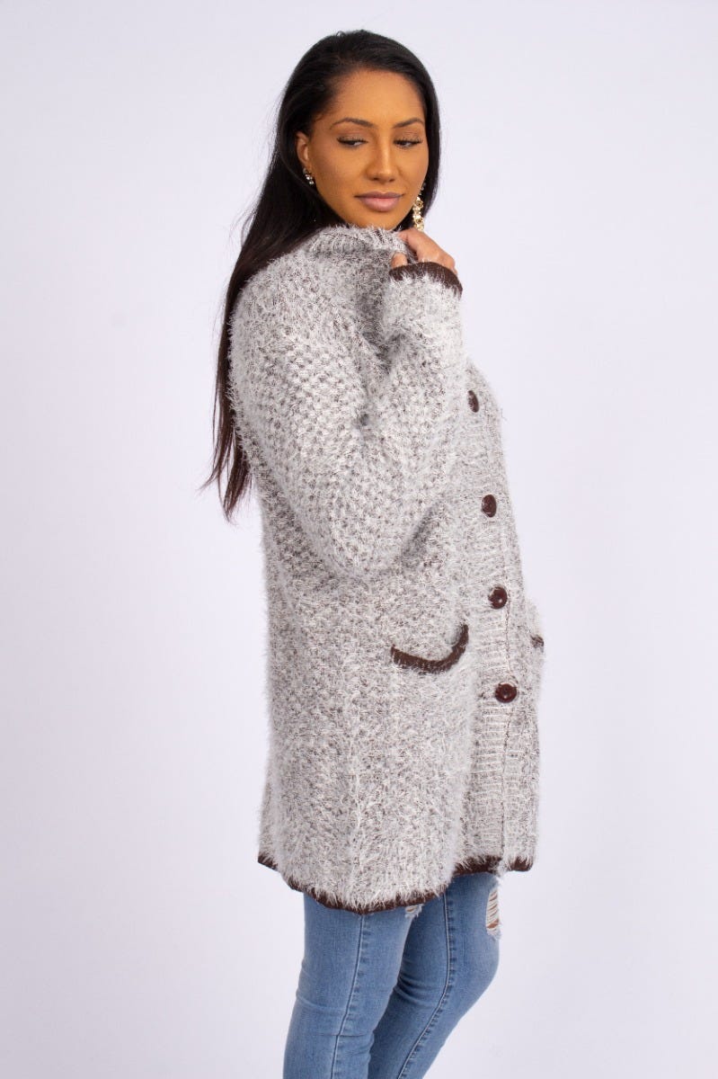 Stickad cardigan m. luva, Brun 