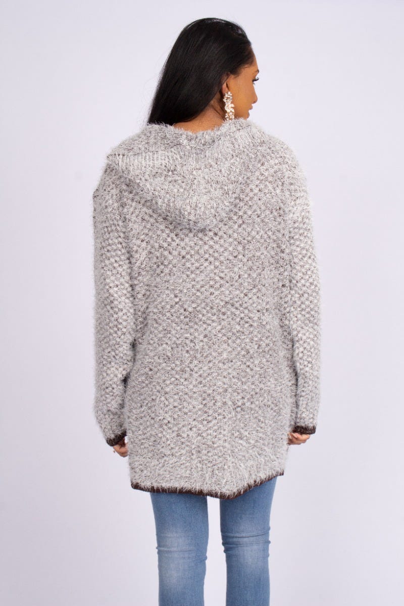 Stickad cardigan m. luva, Brun 