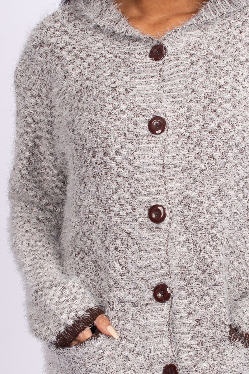 Stickad cardigan m. luva, Brun 