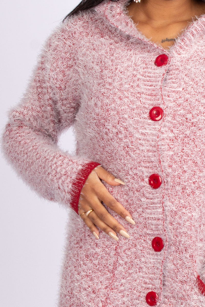 Stickad cardigan m. luva, Röd