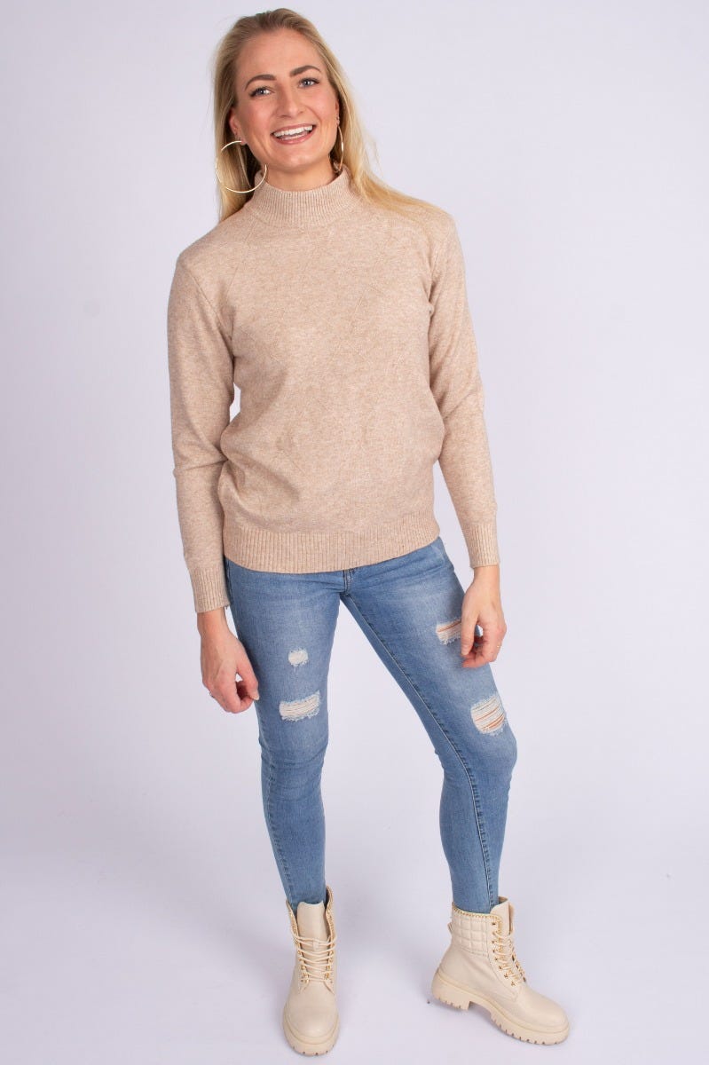 Strikbluse m. rudemønster Beige