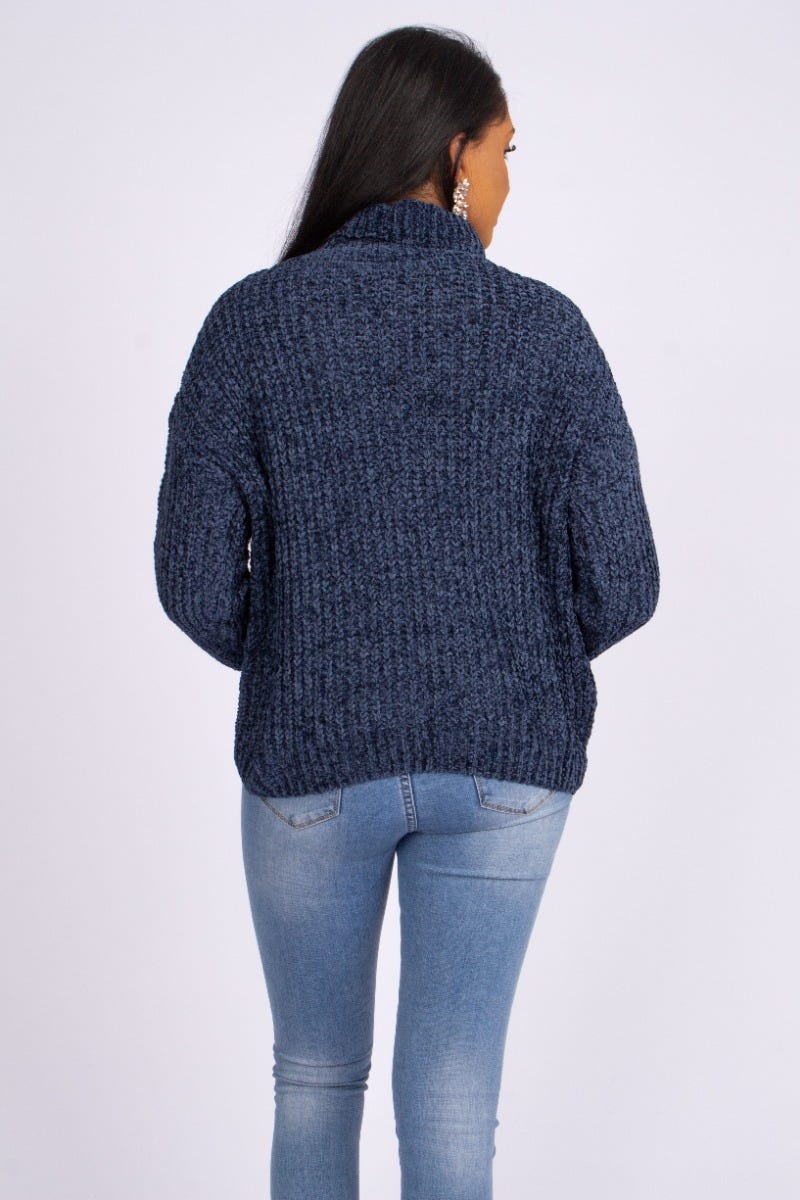 Chenille tröja m. polokrage, Navy 